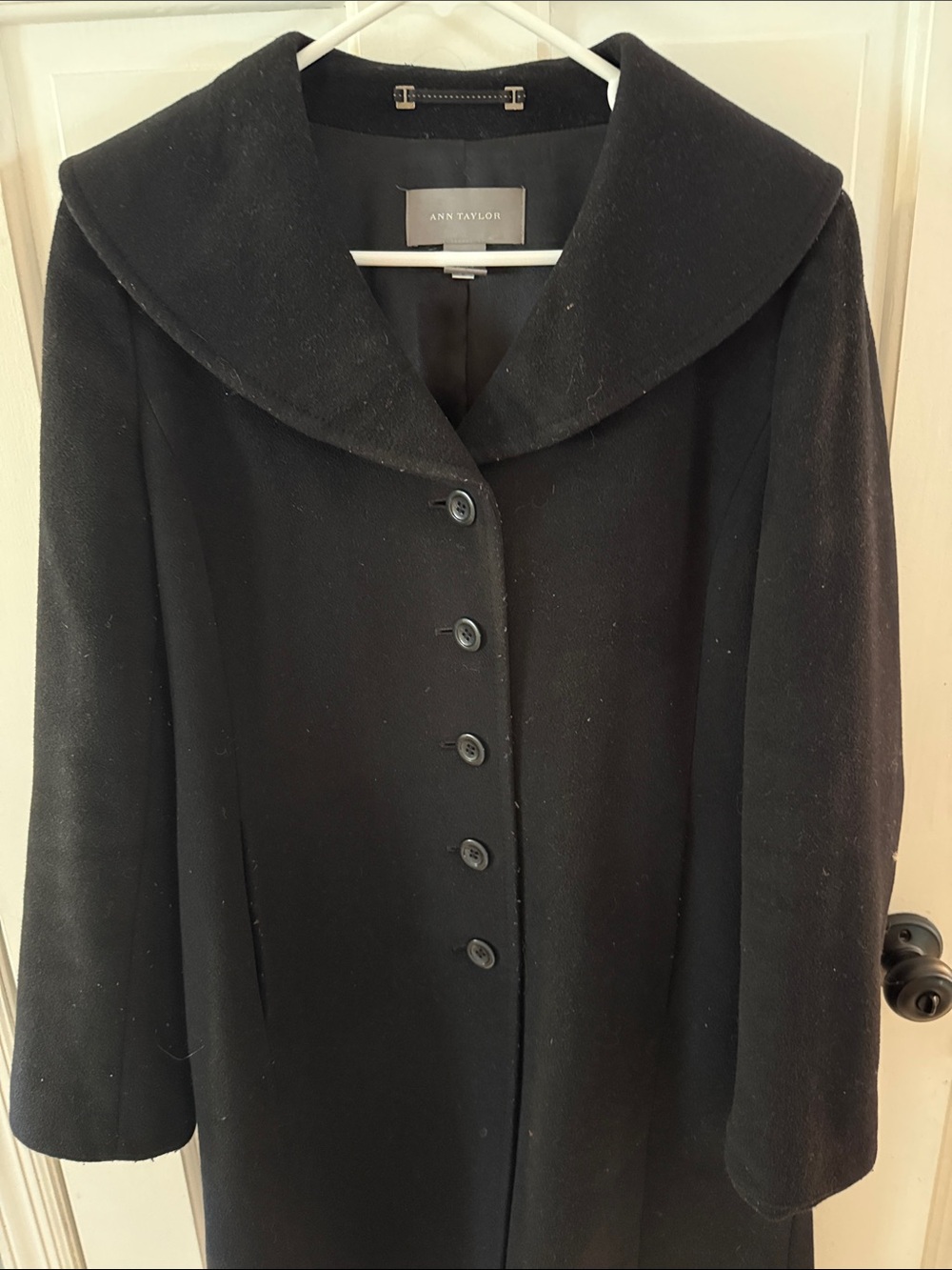 Ann Taylor Black Wool-Blend Pea Coat with Wide Collar